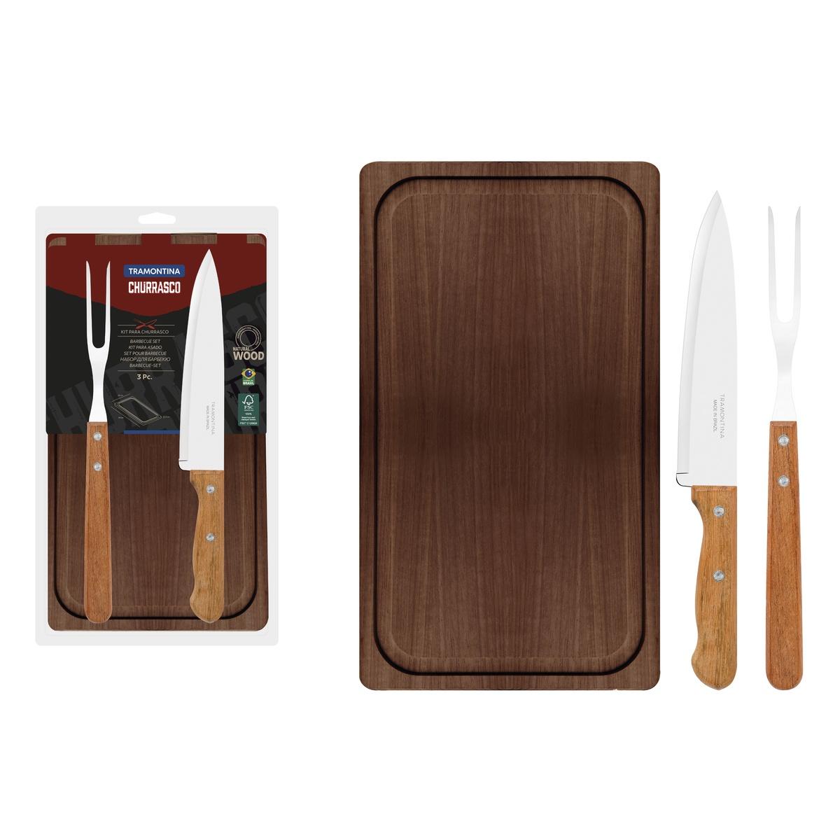 Kit Para Churrasco Tramontina Aço Inox Madeira 3 Peças Com Tábua Faca E Garfo