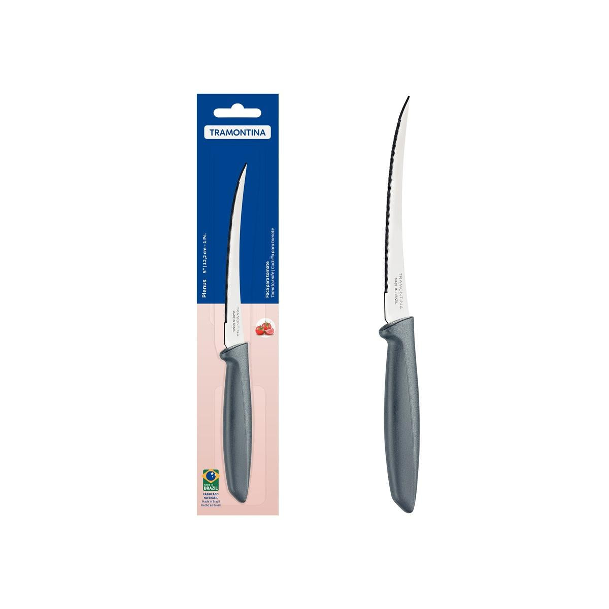 Faca Para Tomate Tramontina Plenus Aço Inox 5 Polegadas Microsserrilhada Cabo Cinza Resistente