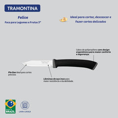 Faca Para Legumes E Frutas Tramontina Felice Aço Inox Cabo Polipropileno Preto 3 Polegadas