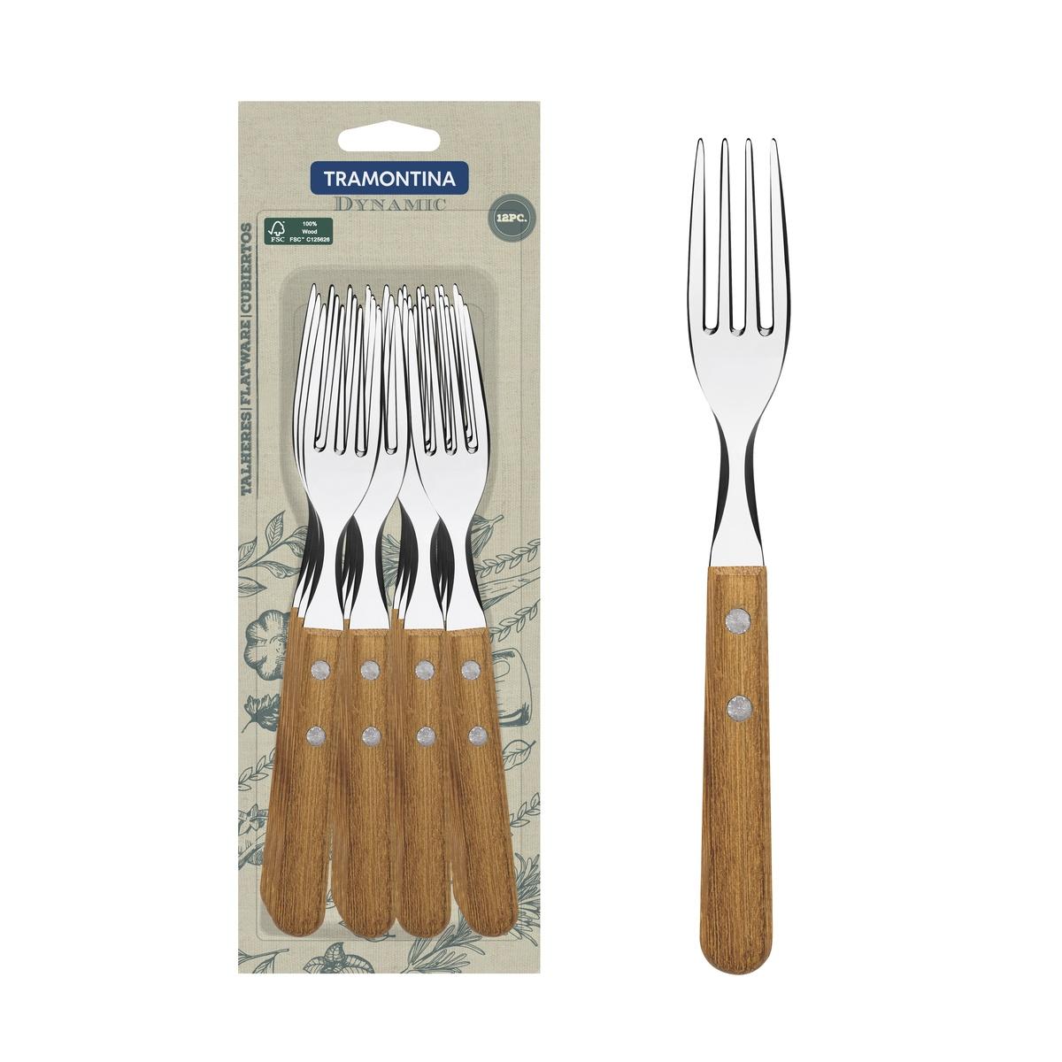 Conjunto 12 Garfos De Mesa Tramontina Dynamic Aço Inox E Madeira Natural