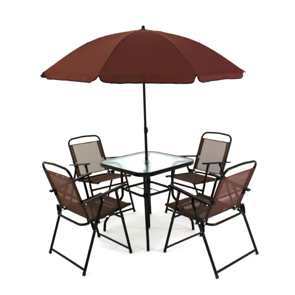 Conjunto Miami Marrom com 4 Cadeiras 1 Mesa 1 Ombr Bel Lazer