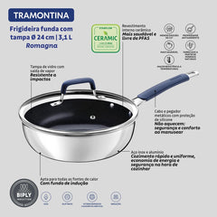 Frigideira Funda Com Tampa 24 Cm 3,1 L Tramontina Romagna Indução Cerâmica Black Stone