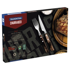 Jogo De Talheres Para Churrasco Tramontina 12 Peças Aço Inox E Cabo Polywood Castanho Resistente