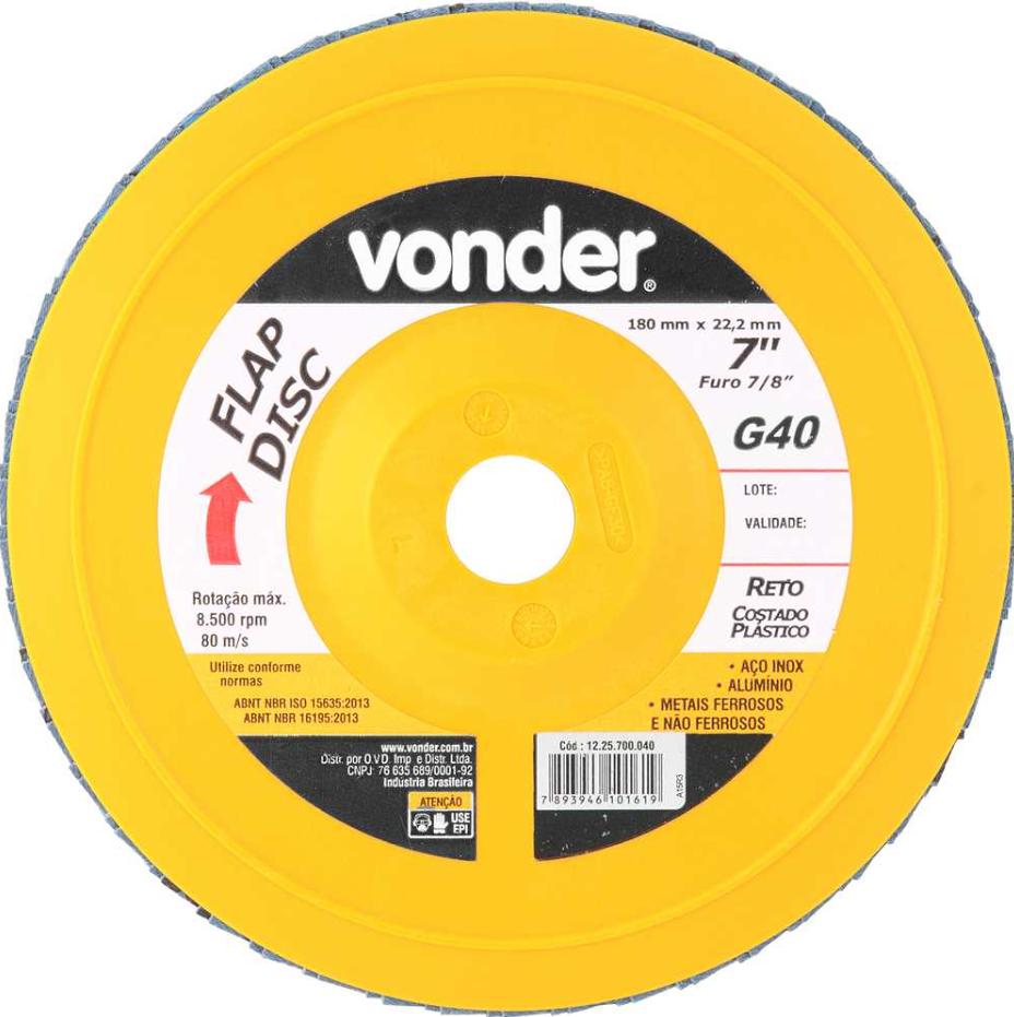 Flap disc 7" g40 costado pvc reto p/ aço carbono inox Vonder