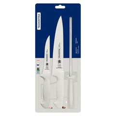 Jogo De Facas Tramontina Premium 3 Peças Aço Inox E Polipropileno Branco Com Chaira