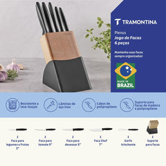 Jogo De Facas Tramontina Plenus Com Suporte De Madeira E Aço Inox 6 Peças Preto