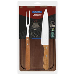 Kit Para Churrasco Tramontina Aço Inox Madeira 3 Peças Com Tábua Faca E Garfo