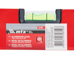 Nível De Alumínio Com Régua Vermelha 3 Bolhas 16'' 400mm MTX 332209 Precisão 1mm/m
