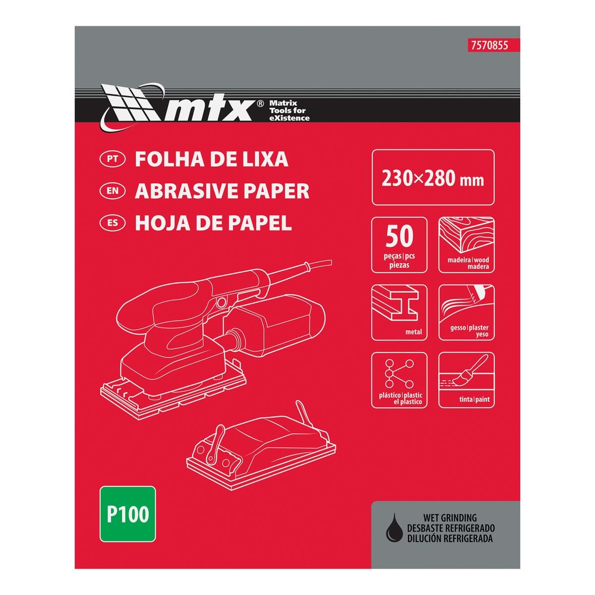 Folha de Lixa para Metal Base D´Água P100 230x280mm 10 Peças MTX 7560855