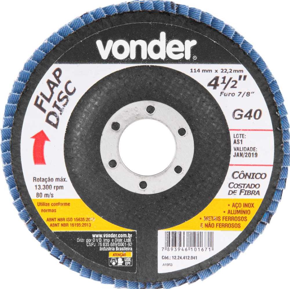 Flap disc 4.1/2" g40 costado fibra cônico inox Vonder