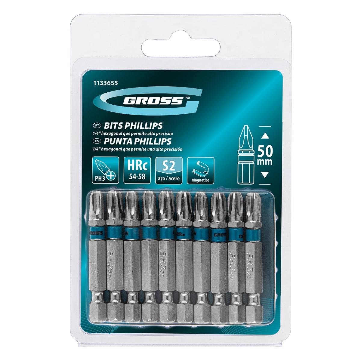 Bits Phillips Ph3 Aço Rápido 50mm 10 Peças - Dureza 54-58 HRC, Haste 1/4', Magnético