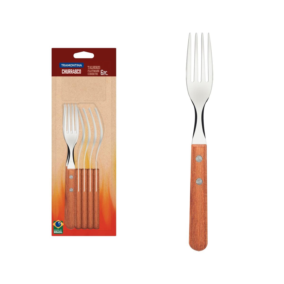 Conjunto 6 Garfos De Mesa Tramontina Dynamic Aço Inox E Madeira Natural Cabo Com Rebites Alumínio