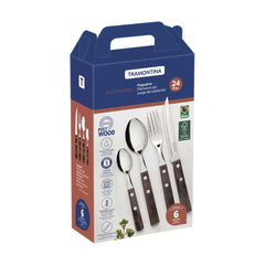 Faqueiro Tramontina Polywood 24 Peças Aço Inox Cabos Madeira Tratada Castanho Resistente Lavável
