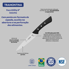 Faca Utility Tramontina Solutta 15 Cm Aço Inox Cabo Policarbonato Fibra De Vidro Certificada NSF
