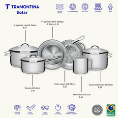Jogo De Panelas Tramontina Solar Aço Inox Fundo Triplo 6 Peças Indução