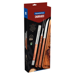 Jogo De Utensílios Para Churrasco 3 Peças Aço Inox E Madeira Tramontina