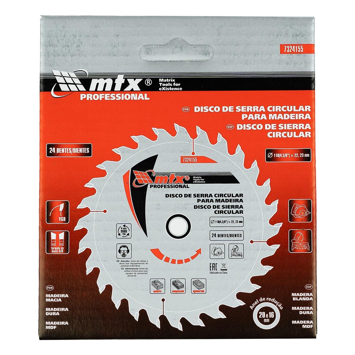 Disco Circular Widea 110mm (4,3/8'') 24 Dentes 22,23mm Bucha 20mm MTX para Madeira e MDF