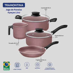 Jogo De Panelas Tramontina Linz 4 Peças Alumínio Antiaderente Starflon Max Rosa 1,2mm 1,4mm