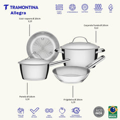 Jogo De Panelas Tramontina Allegra Em Aço Inox 4 Peças Fundo Triplo Indução