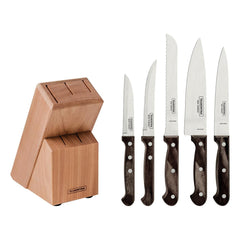 Jogo De Facas Tramontina Polywood 6 Peças Aço Inox Cabo Castanho Com Suporte