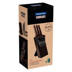 Kit Para Churrasco Tramontina Black 05 Peças Aço Inox Escurecido E Madeira Suporte