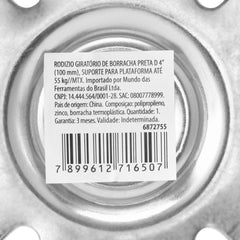 Rodízio Giratório Borracha Preta 100mm 55kg 4 Polos Sem Freio MTX
