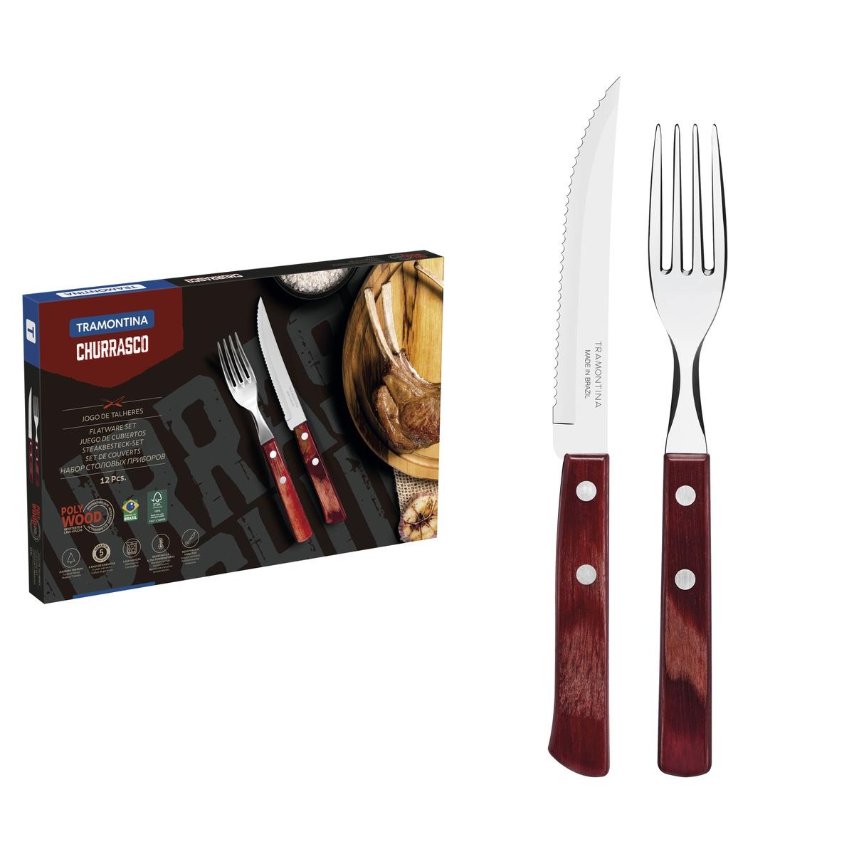 Jogo De Talheres Para Churrasco Tramontina 12 Peças Aço Inox Cabo Vermelho Polywood