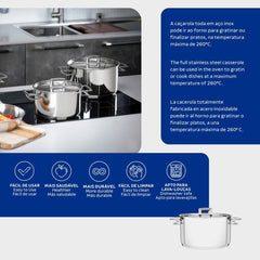Caçarola Tramontina Brava Rasa Aço Inox Fundo Triplo 20 Cm 2,9 L Tampa Plana Indução Forno 260°C