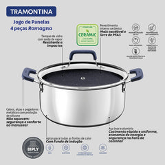 Jogo De Panelas 4 Peças Tramontina Romagna Cerâmico Black Stone Inox Indução 2,9 Mm