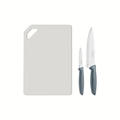 Kit Facas Tramontina Plenus 3 Peças Aço Inox Cinza Com Tábua Proteção Antimicrobiana Cozinha