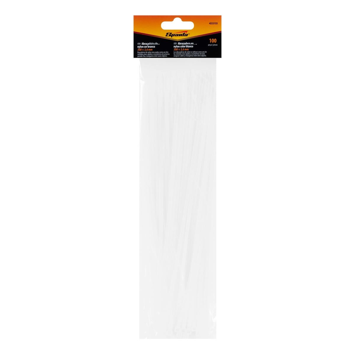 Abraçadeira De Plástico Branco 100 Peças 300X3,6Mm Fixação Segura Nylon Sparta Organização