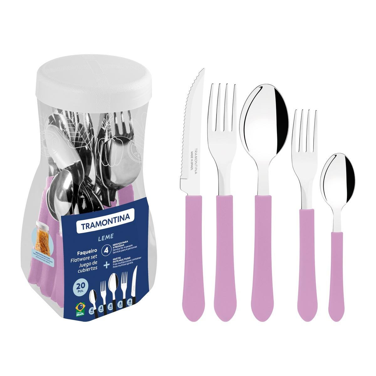 Faqueiro Tramontina Leme 20 Peças Aço Inox E Cabos Polipropileno Lavanda Resistente Kit Completo