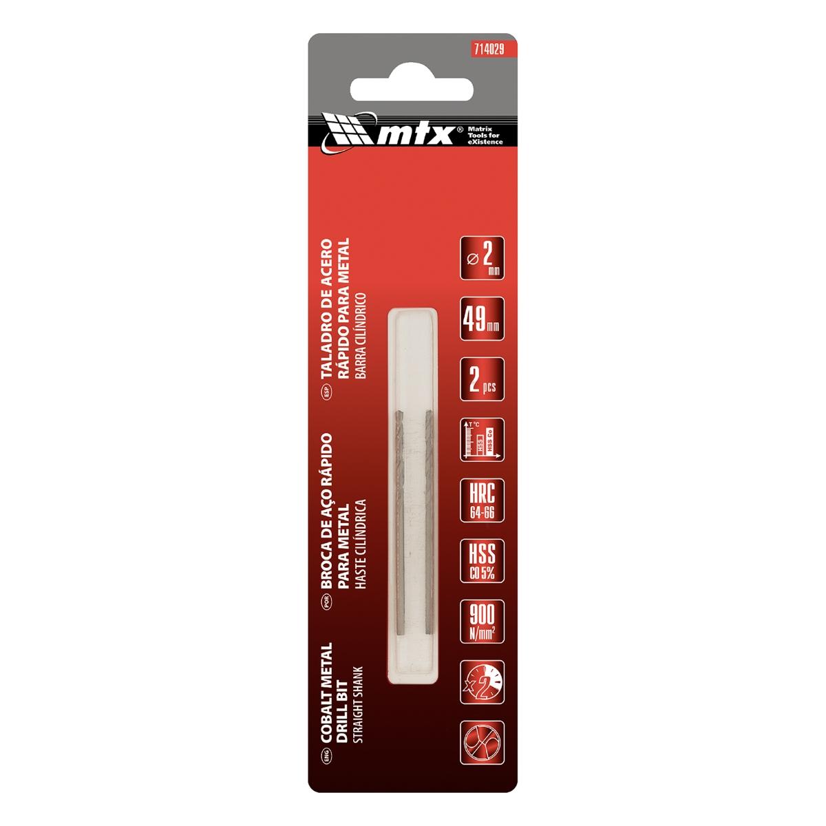 Broca Aço Rápido 2 mm HSS 5% Cobalto 2 Peças MTX Para Inox E Metal Duro