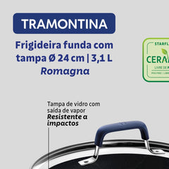 Frigideira Funda Com Tampa 24 Cm 3,1 L Tramontina Romagna Indução Cerâmica Black Stone