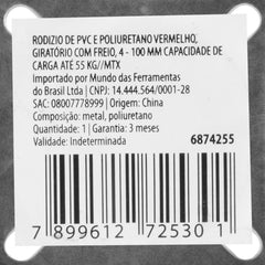 Rodízio Borracha Vermelha PVC PU Fixo 4 Polegadas 100mm Carga 50kg com Freio MTX