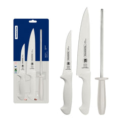Jogo De Facas Tramontina Premium 3 Peças Aço Inox E Polipropileno Branco Com Chaira