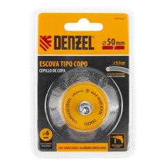 Escova Tipo Copo 50mm Com Haste 1/4'' (6mm) Cerdas 0,3mm Aço Inoxidável Denzel