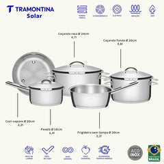 Jogo De Panelas Tramontina Solar Aço Inox Fundo Triplo 5 Peças Indução