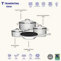 Jogo De Panelas Tramontina Solar Aço Inox Fundo Triplo 4 Peças Indução E Forno 260°C