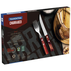 Jogo De Talheres Para Churrasco Tramontina 12 Peças Aço Inox Cabo Vermelho Polywood