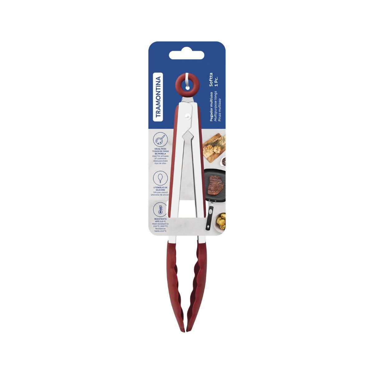 Pegador Multiuso Tramontina Softta Silicone Vermelho 27 Cm Resistente 210 Graus Aço Inox