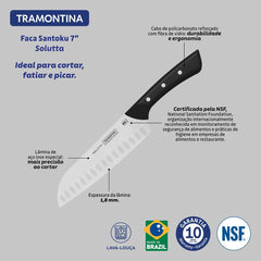 Faca Santoku Tramontina Solutta 7 Polegadas Aço Inox Cabo Policarbonato Fibra De Vidro Profissional
