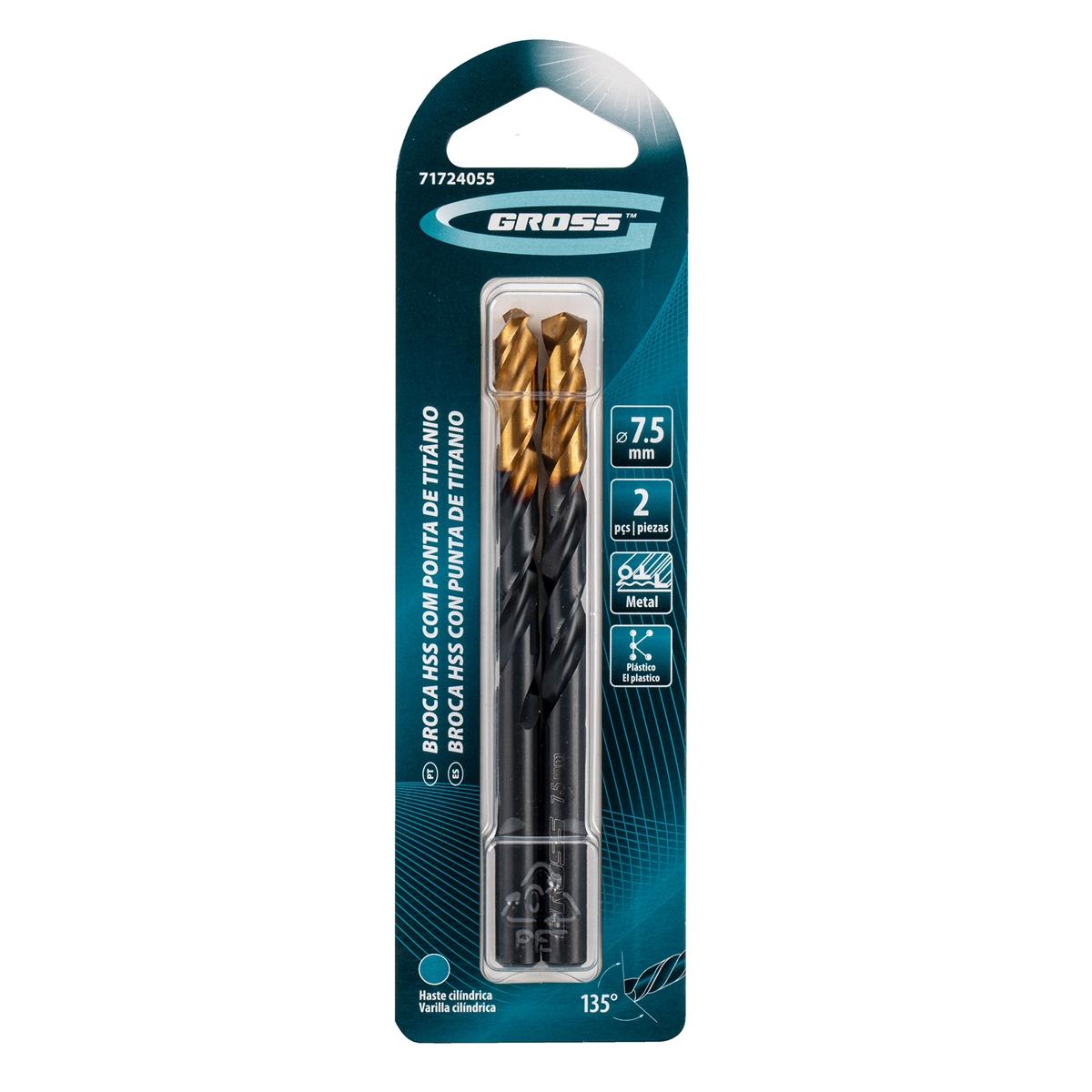 Broca Metal Aço Rápido 7,5mm Nitreto Titânio Profissional Kit 2 Unidades Perfuração