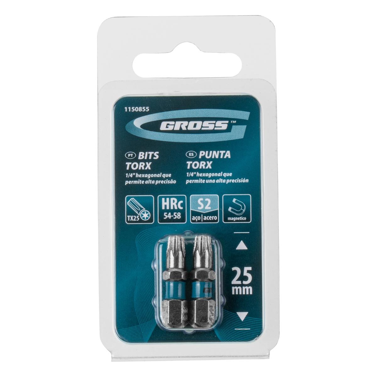 Bit Torx T25 25 mm Aço Cromo Molibdênio S2 58 HRC 2 Peças Gross