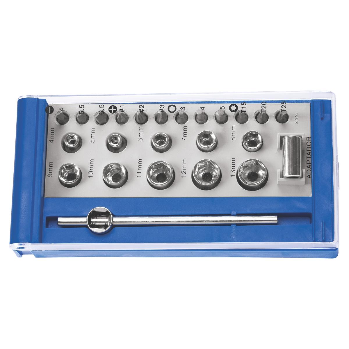Jogo de Soquetes 24 Peças 12 Ponteiras 10 Soquetes 4 a 13 mm Cabo T 1/4'' Acessórios Tramontina