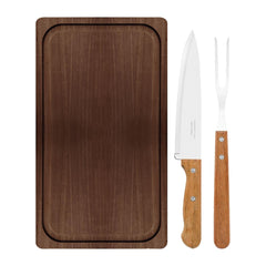 Kit Para Churrasco Tramontina Aço Inox Madeira 3 Peças Com Tábua Faca E Garfo