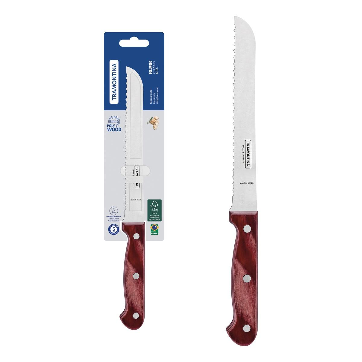 Faca Para Pão Tramontina Polywood 7 Polegadas Aço Inox Cabo Madeira Tratada Vermelho Lâmina Serrilhada