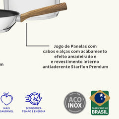 Jogo De Panelas Tramontina Brava Antiaderente Aço Inox Fundo Triplo 4 Peças Efeito Amadeirado
