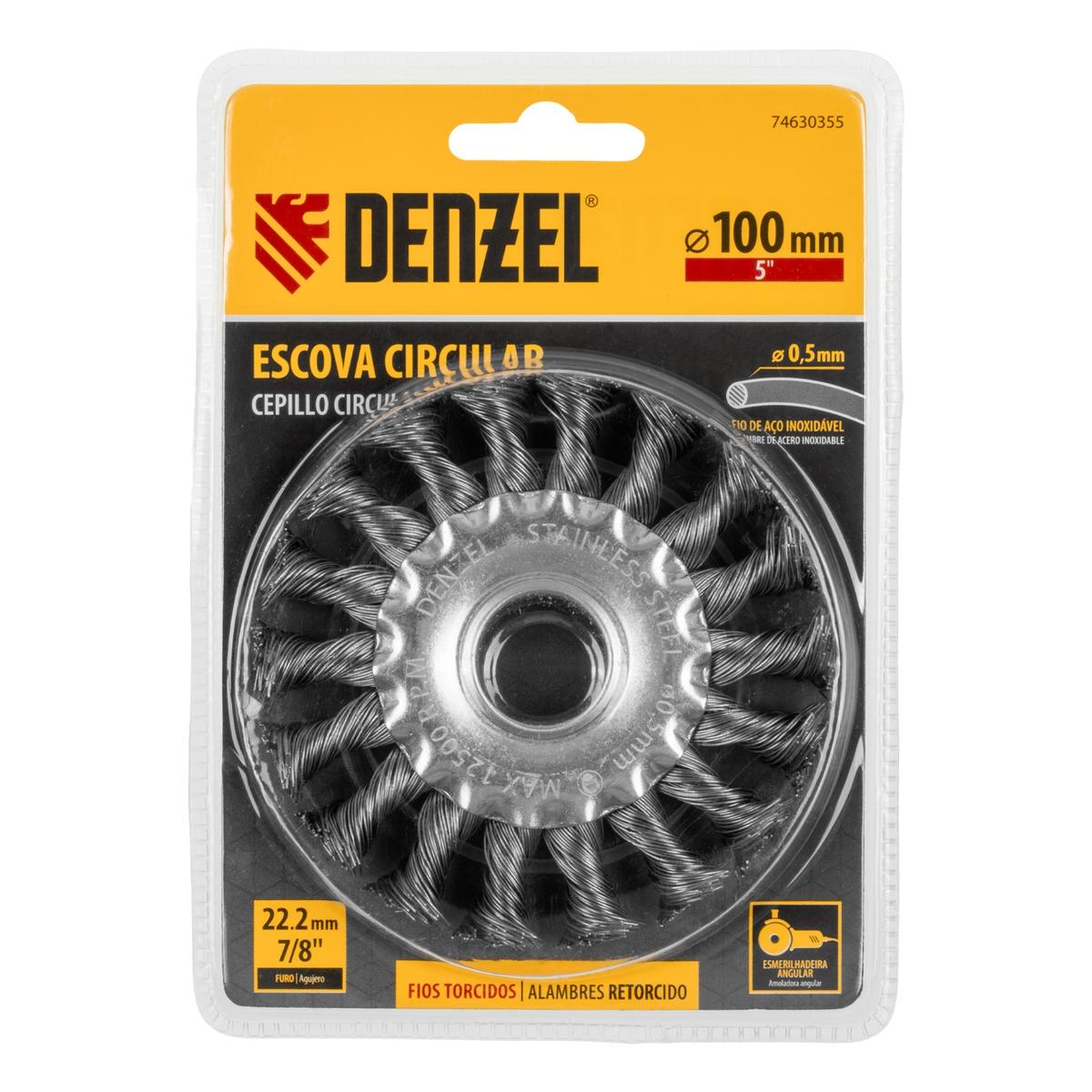 Escova Circular 100mm Furo 7/8'' (22mm) Fios 0,5mm Aço Inox Denzel Desbaste Limpeza