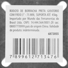 Rodízio Borracha Cinza Giratório Com Freio 3Pol 75mm 45kg MTX 6872055